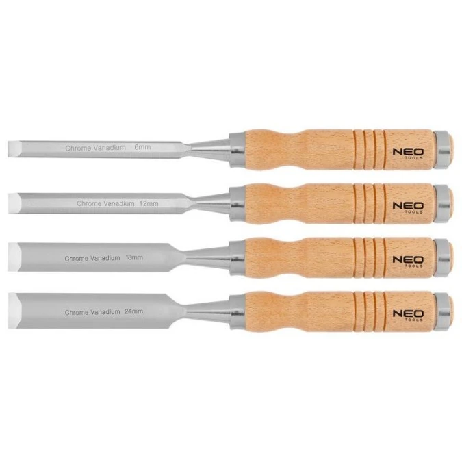 Dłuta 6, 12, 18, 24 mm, zestaw 4 szt., uchwyt drewniany
