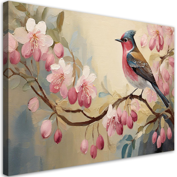 Feeby Obraz na płótnie, Ptak na gałęzi , kwiaty różowe, shabby chic 120x80 486739