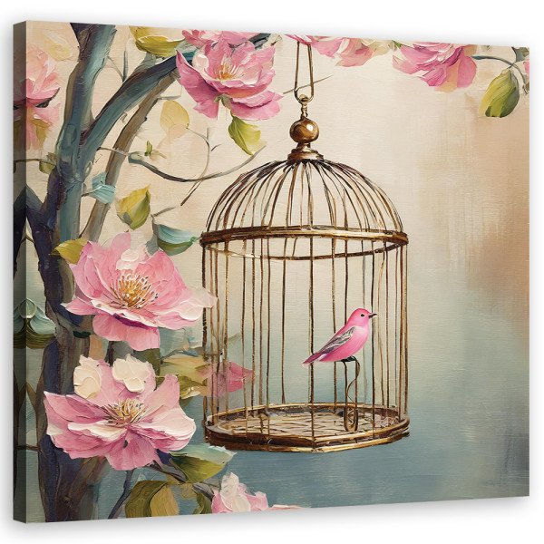 Feeby Obraz na płótnie, ptak w klatce, shabby chic, kwiaty 40x40 484039