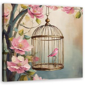 Feeby Obraz na płótnie, ptak w klatce, shabby chic, kwiaty 60×60 484167 Feeby Obraz na płótnie, ptak w klatce, shabby chic, kwiaty 60×60 484167