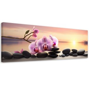Feeby Obraz na płótnie, Rożowa orchidea i kamienie zen 90×30 427137 Feeby Obraz na płótnie, Rożowa orchidea i kamienie zen 90×30 427137