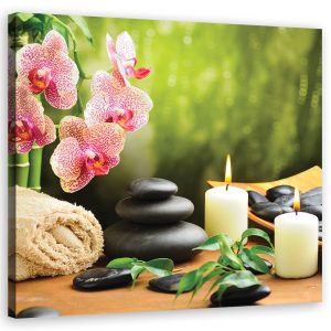 Feeby Obraz na płótnie, Świece orchidea i kamienie zen 30×30 322194