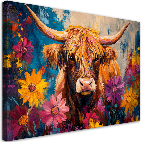 Feeby Obraz na płótnie, Szkocka Krowa Kwiaty Malowana 60x40 485955