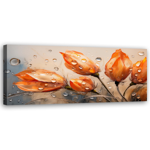 Feeby Obraz na płótnie, Tulipany Kwiaty Pomarańczowe Krople Rosy 150x50 486289