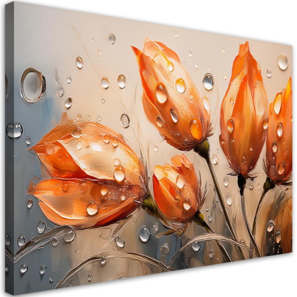 Feeby Obraz na płótnie, Tulipany Kwiaty Pomarańczowe Krople Rosy 90x60 486223