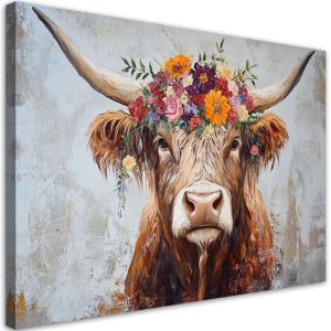 Feeby Obraz na płótnie, Vintage Krowa Szkocka Kwiaty 90×60 485165 Feeby Obraz na płótnie, Vintage Krowa Szkocka Kwiaty 90×60 485165