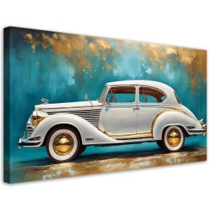 Feeby Obraz na płótnie, Zabytkowy Samochód Retro Turkusowe tło 80×40 634195