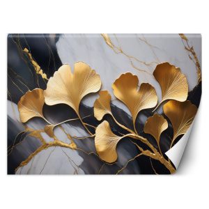 Fototapeta, Kwiaty Ginko Botanika Marmur Szaro Złoty 559306