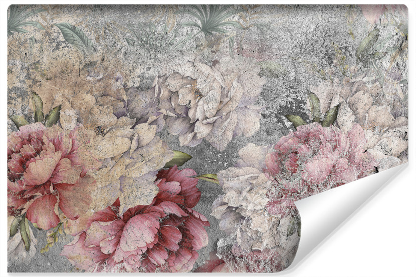 Fototapeta KWIATY Piwonie Beton Vintage 3D 368x280cm 255149