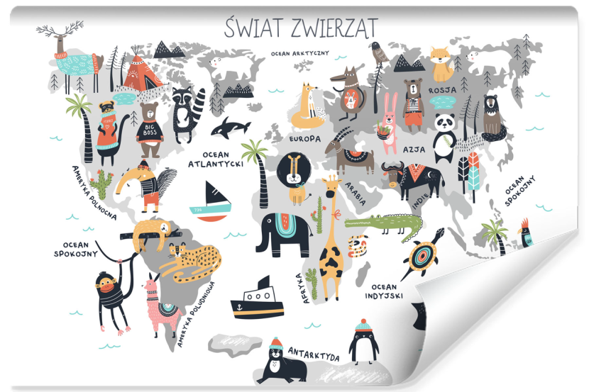 Fototapeta Ścienna MAPA ŚWIATA Zwierzątka 152.5x104cm 262890