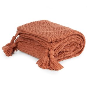 Koc 130X170 cm ciemno ceglasty PLED1 mięsisty pled z frędzlami 911534 Koc 130X170 cm ciemno ceglasty PLED1 mięsisty pled z frędzlami 911534