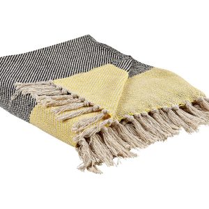 Koc narzuta 125 x 150 cm bawełniany szaro-żółty 62820 Koc narzuta 125 x 150 cm bawełniany szaro-żółty 62820