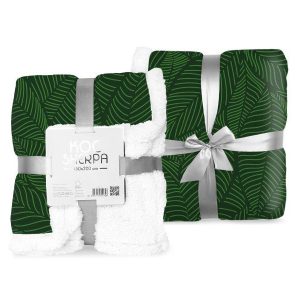 Koc narzuta z mikrofibry 150×200 Sherpa zielony biały liście 82830 Koc narzuta z mikrofibry 150×200 Sherpa zielony biały liście 82830