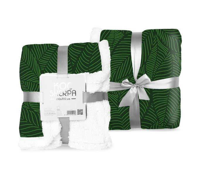 Koc narzuta z mikrofibry 150x200 Sherpa zielony biały liście 82830