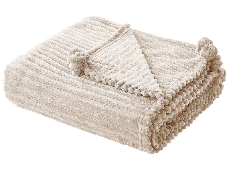 Koc prążkowany z pomponami beżowy 394715