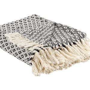 Koc z frędzlami bawełna 125 x 150 cm czarno-biały 62829 Koc z frędzlami bawełna 125 x 150 cm czarno-biały 62829