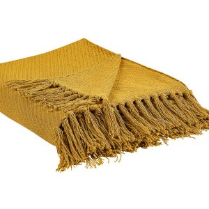 Koc z frędzlami bawełna 125 x150 cm musztardowy 62818