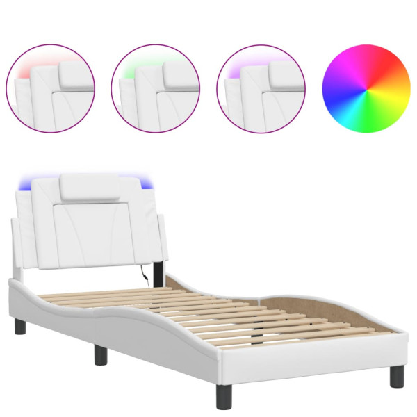 Łóżko tapicerowane rama łóżka ze stelażem białe skóra led 90x190 cm 720263