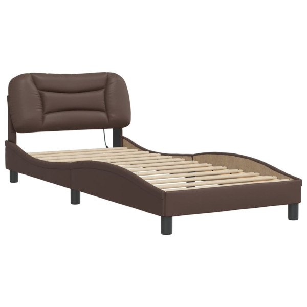Łóżko tapicerowane rama łóżka ze stelażem brąz skóra led 90x200 cm 706993